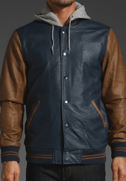 Obey Varsity Hooded Leather Jacket in Blue for Men (navy) | Lyst