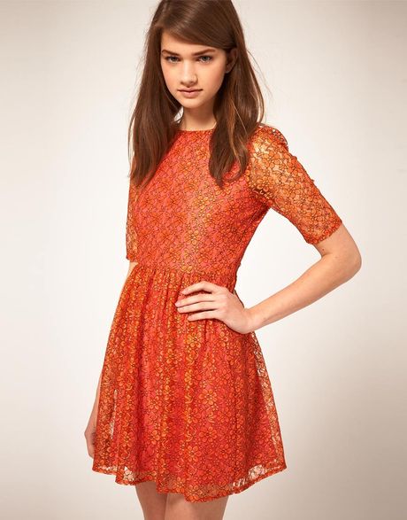 Asos Collection Asos Lace Waisted Dress with Contrast Lining in Orange (orangepink) - Lyst