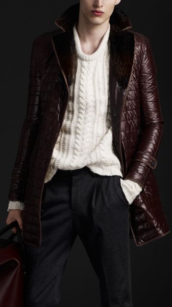 Burberry Prorsum Quilted Nylon Trench Coat with Fur Collar in Brown