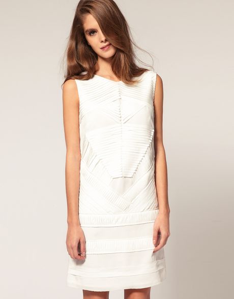 Asos Collection Shift Dress With Pleat Detail in White (cream) - Lyst