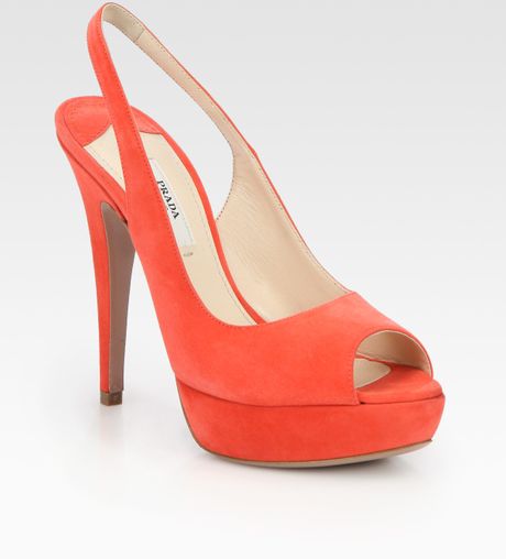 Prada Suede Peep Toe Slingback Pumps in Pink (coral) - Lyst
