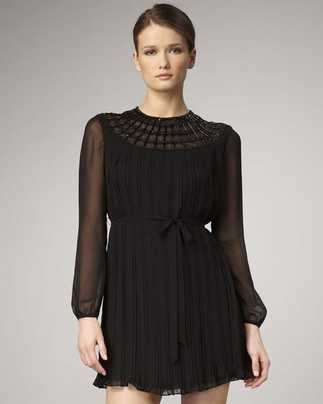 Aidan Mattox Beadneck Longsleeve Chiffon Dress in Black - Lyst