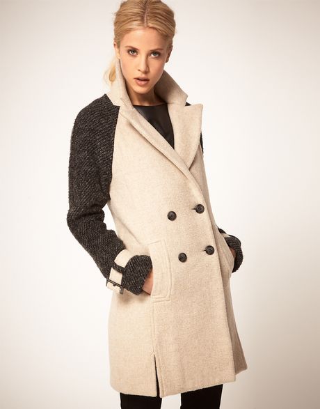 Asos Collection Asos Double Breasted Coat with Contrast Sleeves in Beige (stone) - Lyst