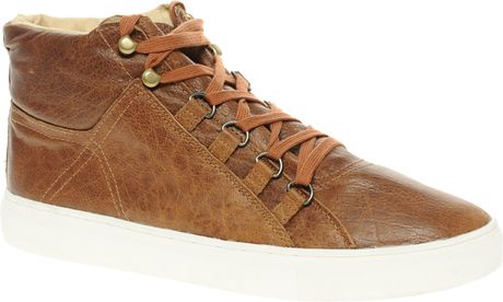 Asos Asos Padded Cuff Leather Mid Cut Trainers in Brown for Men - Lyst