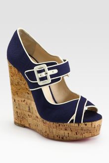 Christian Louboutin Melides Linen & Cork Wedge Sandals - Lyst