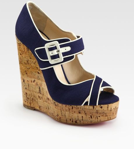 Christian Louboutin Melides Linen & Cork Wedge Sandals in Blue (navy) - Lyst