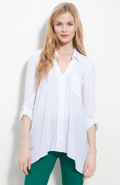 Pleione Split Neck Roll Sleeve Mixed Media Top in White - Lyst