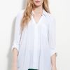 Pleione Split Neck Roll Sleeve Mixed Media Top in White - Lyst