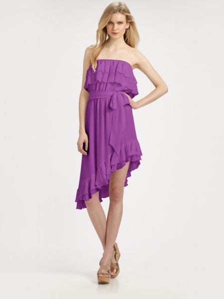 Haute Hippie Strapless Ruffle Dress with Belt in Purple (violet) - Lyst