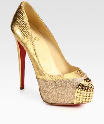 Christian Louboutin Maggie Glitter-coated Metallic Snake-print Leather Platform Pumps - Lyst