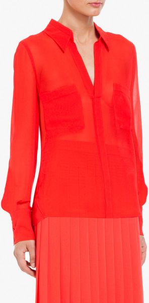Bcbgmaxazria Emma ButtonDown Silk Chiffon Blouse in Red (bright poppy) - Lyst