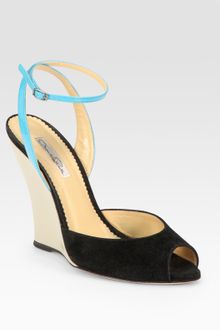 Oscar de la Renta Leather and Suede Peep Toe Wedge Sandals - Lyst
