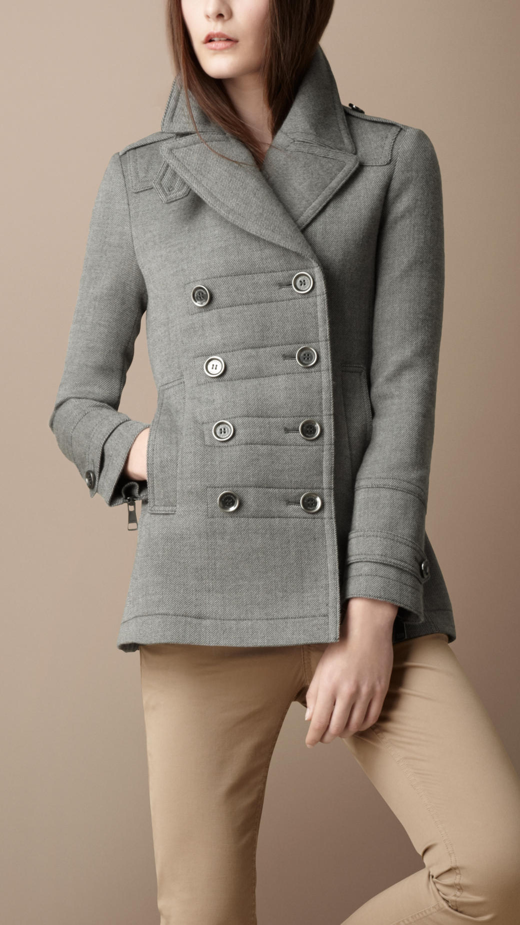 Burberry Brit Pleated Pea Coat in Gray (mid grey mélange) Lyst