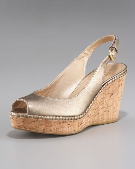 Stuart Weitzman Cork Wedge Peep Slingback in Gold (black) - Lyst