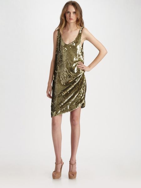 Haute Hippie Sequined Silk Tank Dress in Gold | Lyst