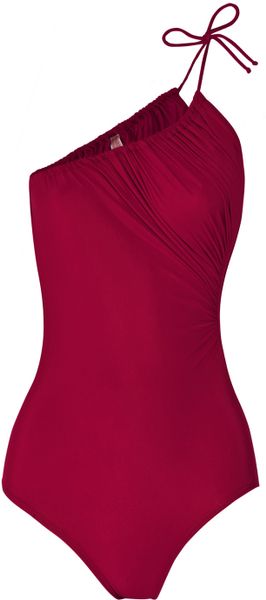 Lanvin Asymmetric Ruched Swimsuit in Brown (raspberry) - Lyst