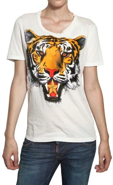 Dsquared2 Tiger Print Cotton Jersey Tshirt in White - Lyst
