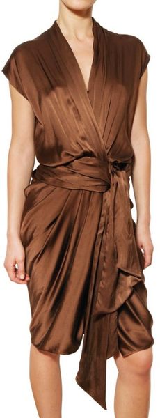 Lanvin Draped Washed Silk Satin Dress in Brown - Lyst