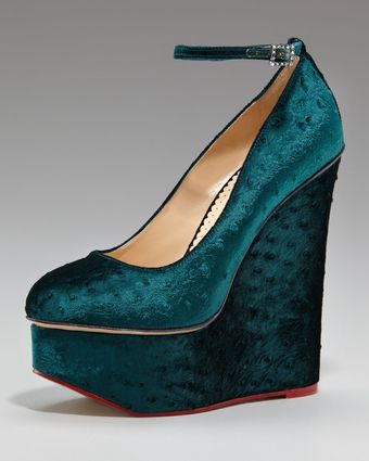 Charlotte Olympia Ostrich Velvet Wedge Pump - Lyst