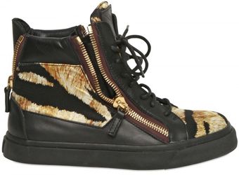  Leather & Printed Satin High Top Sneaker 
