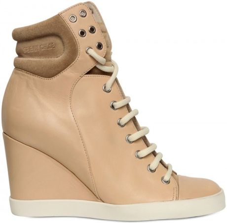 See By Chloé 90mm Leather Sneaker Laced Wedges in Beige - Lyst