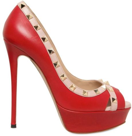 Valentino 140mm Leather Rockstud Open Toe Pumps in Red - Lyst