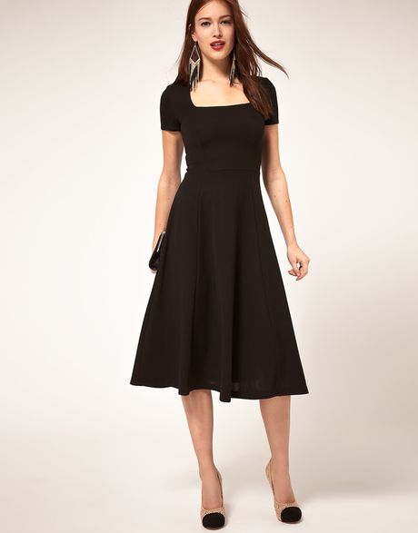 Asos Collection Midi Dress With Square Neck in Black - Lyst
