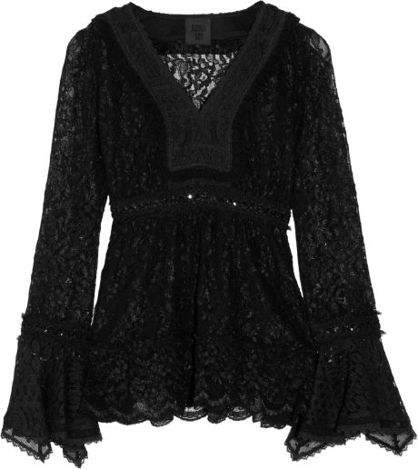 Anna Sui Ruffled Stretchlace Top in Black - Lyst