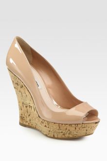 Miu Miu Patent Leather Peep Toe Wedge Pumps - Lyst