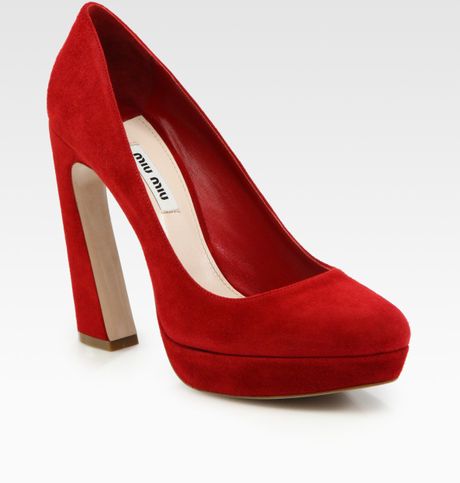 Miu Miu Suede Flareheel Platform Pumps in Red (cherry) - Lyst
