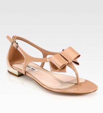 Miu Miu Patent Leather Tstrap Bow Sandals - Lyst