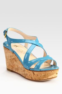 Prada Patent Leather and Cork Wedge Sandals - Lyst