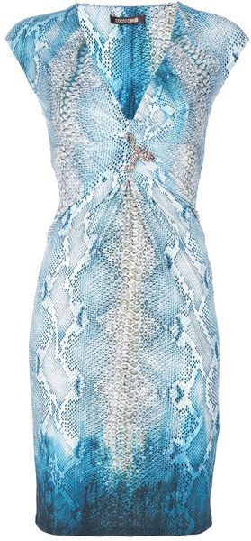 Roberto Cavalli Brooch Detail Dress in Blue - Lyst