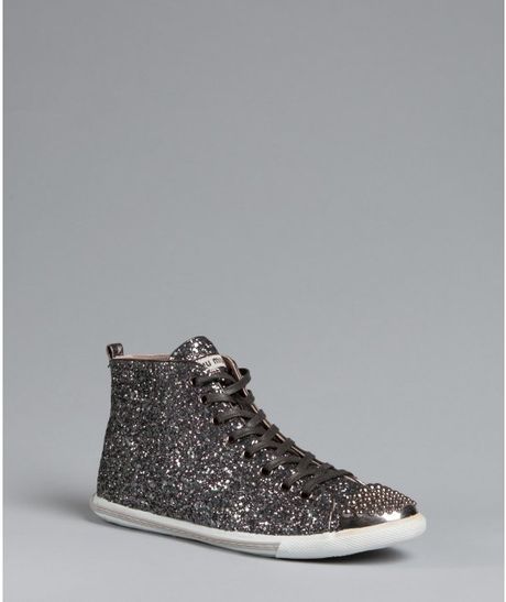 Miu Miu Anthracite Glitter Studded Cap Toe Hitop Sneakers in Gray (anthracite) - Lyst