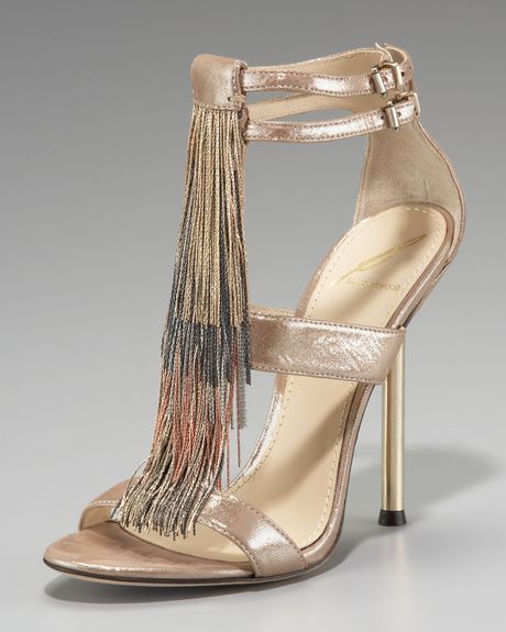 B Brian Atwood Chainfringe Tstrap Sandal in Gold (pewter) - Lyst