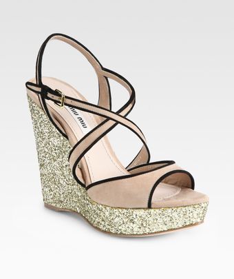 Miu Miu Glitter and Suede Slingback Wedge Sandals - Lyst