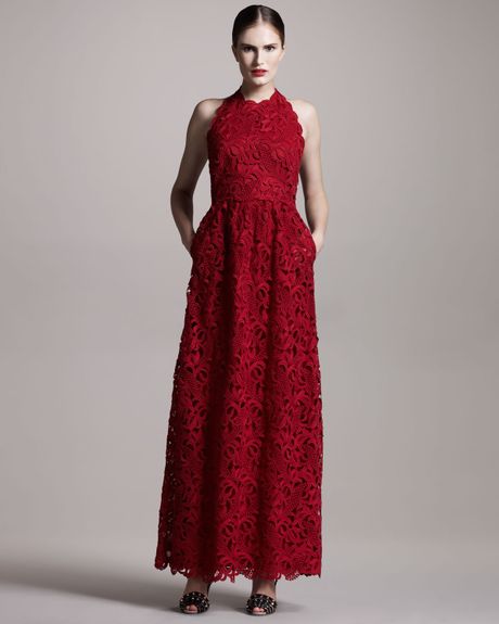 Valentino Lace Halter Gown in Red - Lyst