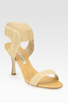 Manolo Blahnik Strappy Leather & Woven Raffia Sandals - Lyst