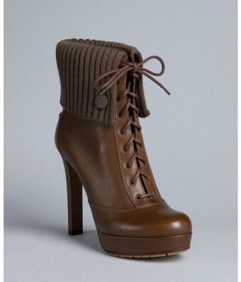  Winter Leaf Brown Leather Rib Knit Trim Lara Platform Booties 