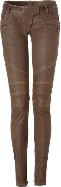 Balmain Taupe Low Rise Leather Pants - Lyst