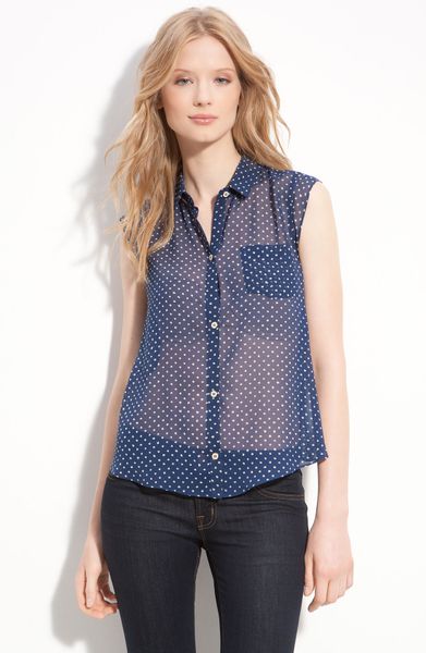 Myne Sleeveless Sheer Polka Dot Silk Shirt in Blue (navy/ cream) | Lyst