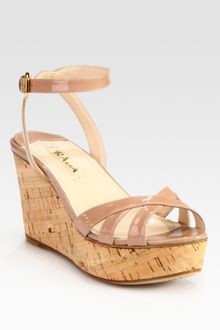 Prada Patent Leather and Cork Ankle Strap Wedge Sandals - Lyst
