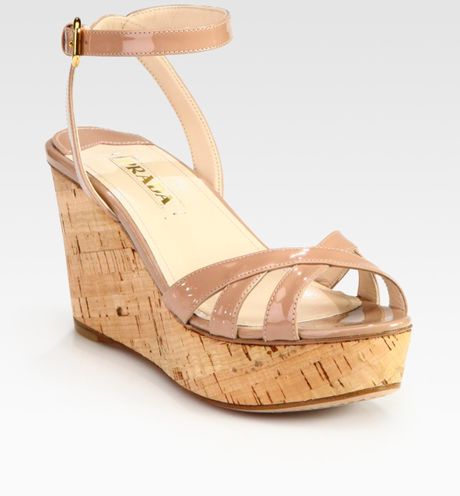 Prada Patent Leather and Cork Ankle Strap Wedge Sandals in Brown (nude) - Lyst