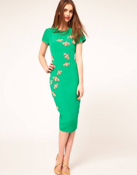 Asos Collection Asos Midi Dress with Embellished Bugs in Green | Lyst