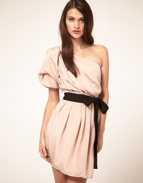 Asos Collection Asos One Shoulder Drape Dress With Contrast Belt in Pink (nude) - Lyst