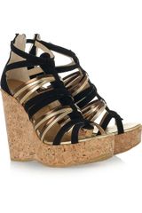 Jimmy Choo Suede and Leather Multi-strap Wedge Sandals