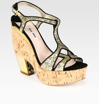  Glitter Leather and Suede Cork Wedge Sandals 