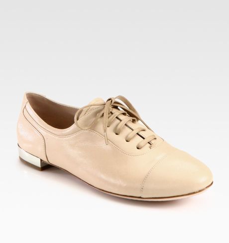 Miu Miu Laceup Leather Oxfords in Beige - Lyst