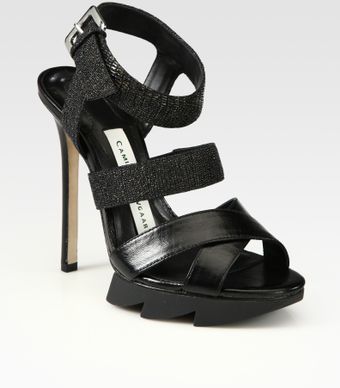  Leather and Snake-embossed Leather Platform Sandals 
