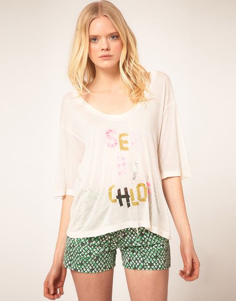 See By Chloé See By Chloe Tape Print Tshirt in Beige (cream) - Lyst